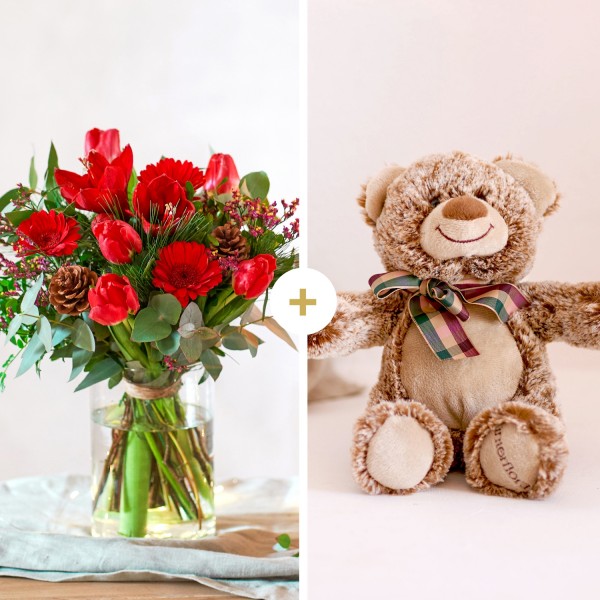 PACK: Sob a árvore de Natal + OSO, Bouquet de flores mistas em tons de vermelho + OSO