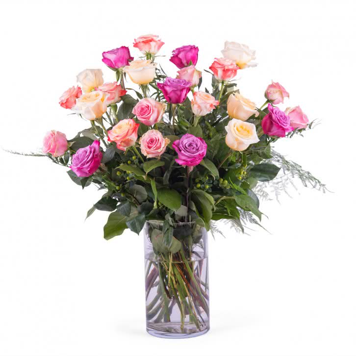 Entrega, 24 Rosas Multicor de Pé Longo
