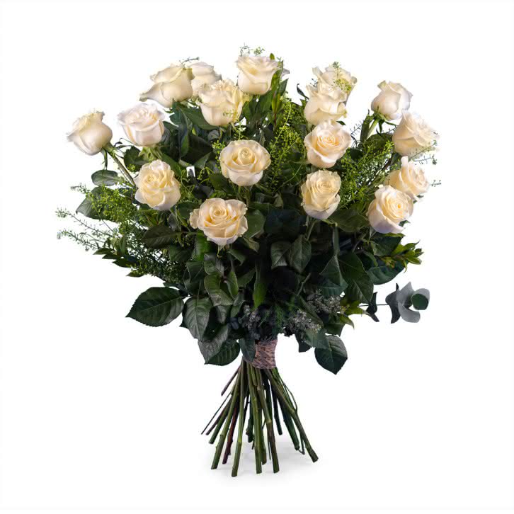Carinho, 18 Rosas Brancas de Pé Longo