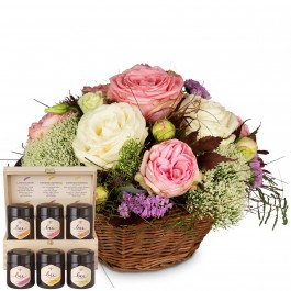 A Basket full of Poetry with Roses with honey gift set, A Basket full of Poetry with Roses with honey gift set