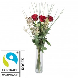 3 Red Fairtrade Max Havelaar-Roses with greenery, 3 Red Fairtrade Max Havelaar-Roses with greenery