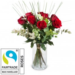 9 Red Fairtrade Max Havelaar-Roses with greenery, 9 Red Fairtrade Max Havelaar-Roses with greenery