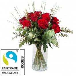 12 Red Fairtrade Max Havelaar-Roses with greenery, 12 Red Fairtrade Max Havelaar-Roses with greenery