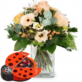 Delicate Seasonal Bouquet with chocolate ladybird, Delicate Seasonal Bouquet with chocolate ladybird