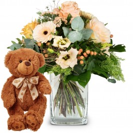 Delicate Seasonal Bouquet with teddy bear (brown), Delicate Seasonal Bouquet with teddy bear (brown)