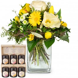 March Bouquet of the Month with honey gift set, March Bouquet of the Month with honey gift set