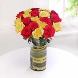Mix of Yellow & Red Roses in a Glass Vase                  , Mix of Yellow & Red Roses in a Glass Vase                  