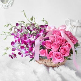 Gorgeous Purple Orchids & Pink Roses in Basket Arrangement, Gorgeous Purple Orchids & Pink Roses in Basket Arrangement