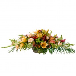 Basket for funeral in white and orange colours, Basket for funeral in white and orange colours