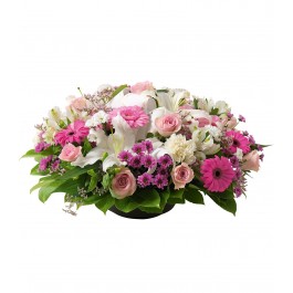 Round funeral arrangement of mixed flowers in white and pink, Round funeral arrangement of mixed flowers in white and pink