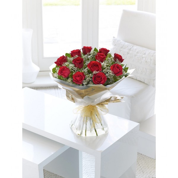 12 Red Long Stem Roses Hand-tied, 12 Red Long Stem Roses Hand-tied