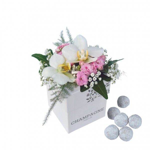 Decorated champagne truffles, white-pink flowers, Decorated champagne truffles, white-pink flowers