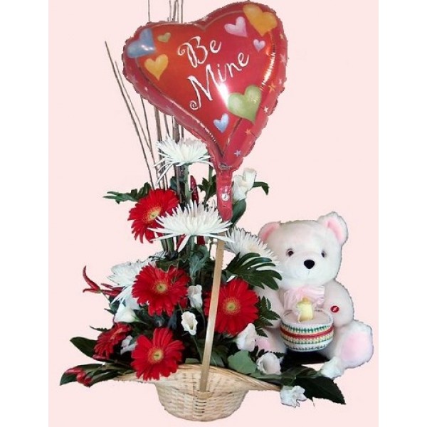 basket arr with balloon and teady bear, basket arr with balloon and teady bear