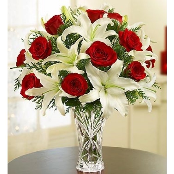 Arrangement of Red Roses and White Liliums in Vase, Arrangement of Red Roses and White Liliums in Vase