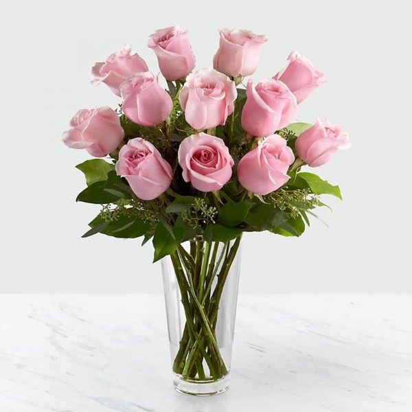 12 Pink Roses in Vase, 12 Pink Roses in Vase