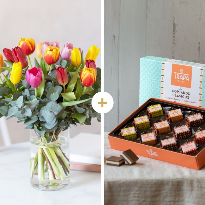 Pack Tulipas + Chocolate, Ramo multicolor de tulipanes + Chocolate