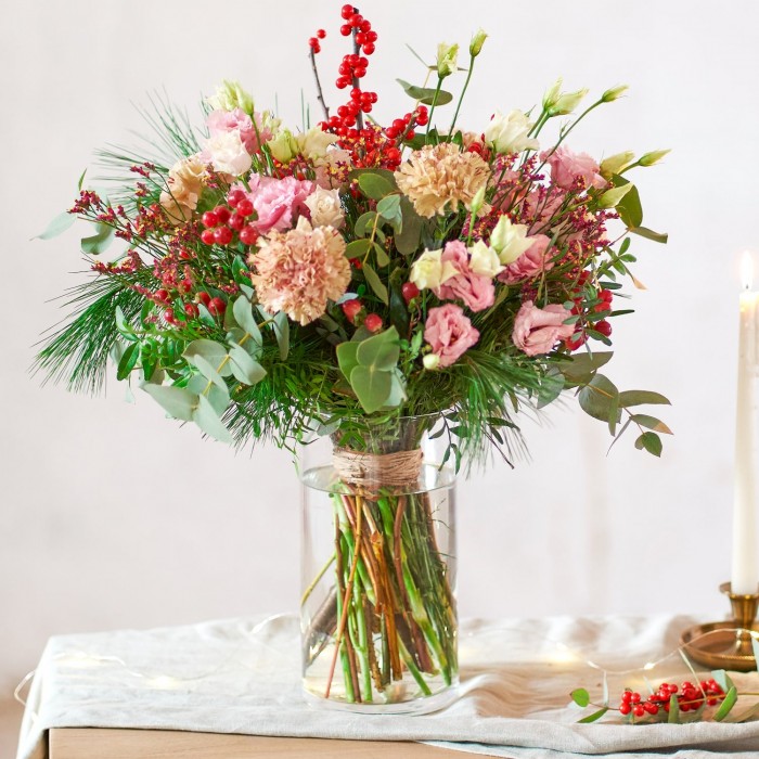 Melhores Desejos, Bouquet de Natal em tons de vermelho, rosa e salmão