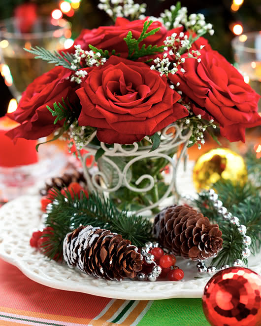 Arranjos florais de Natal em serviços de mesa, cadeiras e presentes